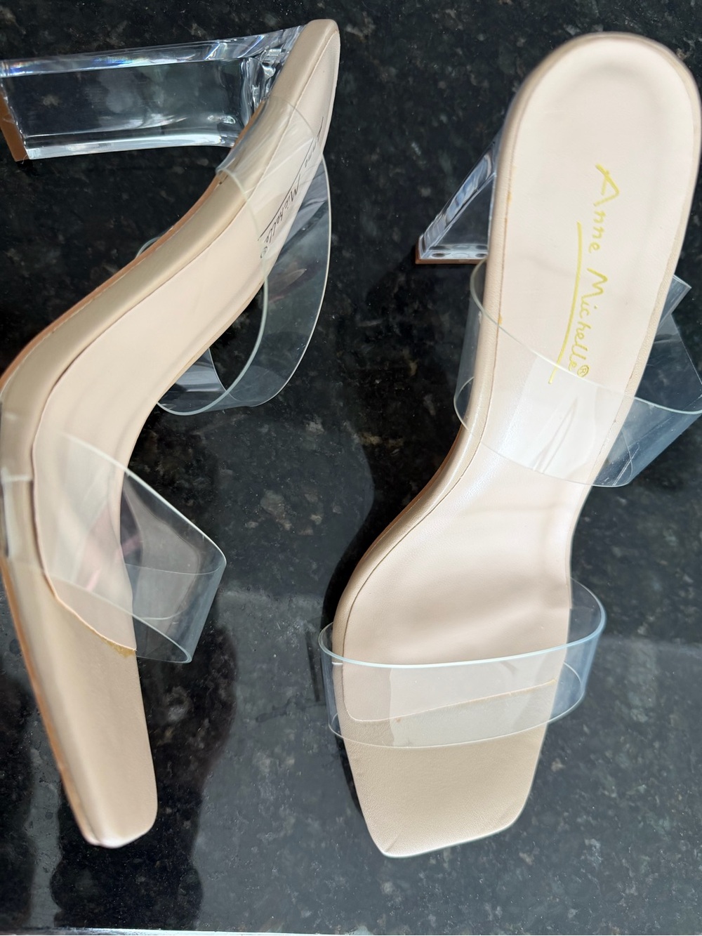 Anne Michelle Beige Clear-Strap Block Heel Mules